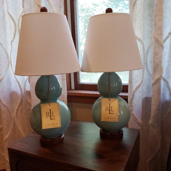 NWT Rare Aqua Color Ralph Lauren Petite Double Gourd Pair of Lamps - Picture 2 of 16